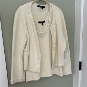 Christine Philips 2 piece winter white vest and cardigan pearls & sequin trim